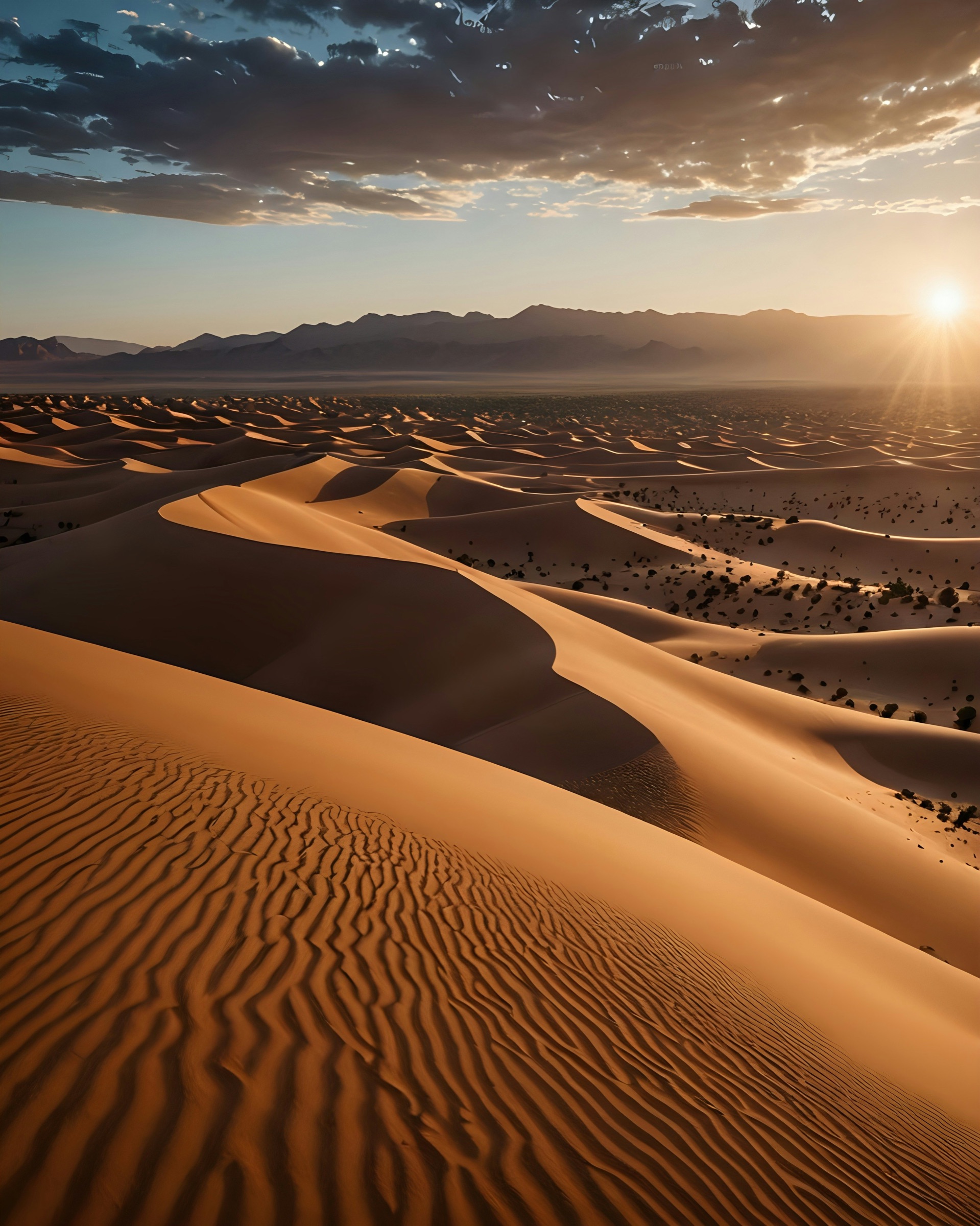 Sahara dunes at sunset with long shadows and a lone camel track